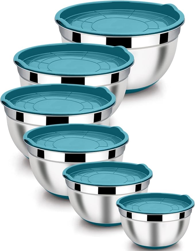 LIANYU Stainless Steel Nesting Mixing Bowls Set of 6, Non-slip Bottom & Airtight Lids, Size 7, 3.5, 2.5, 2, 1.5, 1QT, Large Metal Bowls for Cooking, Baking, Food Storage, Dark Blue