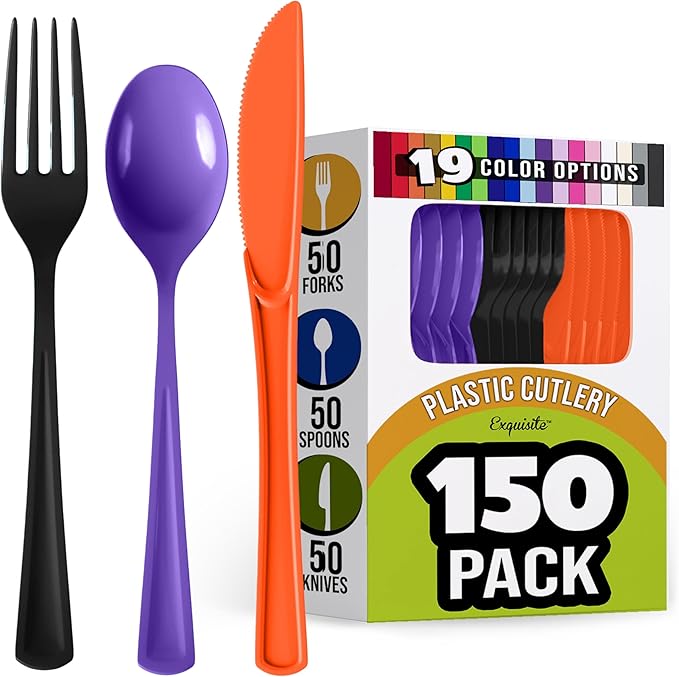 Party Solids Halloween Plastic Silverware Heavy Duty 150 Pieces Halloween Plastic Cutlery Sets, Utensil Sets, 50 Of Each Forks, Knives & Spoons Disposable Cutlery Set, Flatware Set For Party Supplies