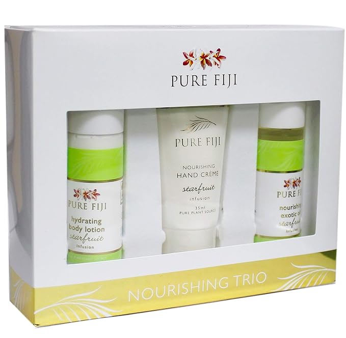 Pure Fiji Nourishing Trio, Ideal Spa Bath Gift Set for Women - Travel Kit - Includes Exotic Body Oil , Hydrating Body Lotion For Women and Nourishing Hand Cream, Starfruit Scent-BrightBean Baby