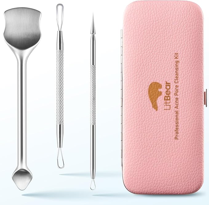 LitBear Pore Prep Tool, Blackhead Remover Pimple Popper Tool Kit, Stainless Steel Blackhead Extractions Tool for Acne, Whitehead Popping, Blemish, Comedone, Pink-BrightBean Baby