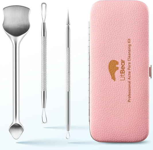 LitBear Pore Prep Tool, Blackhead Remover Pimple Popper Tool Kit, Stainless Steel Blackhead Extractions Tool for Acne, Whitehead Popping, Blemish, Comedone, Pink-BrightBean Baby