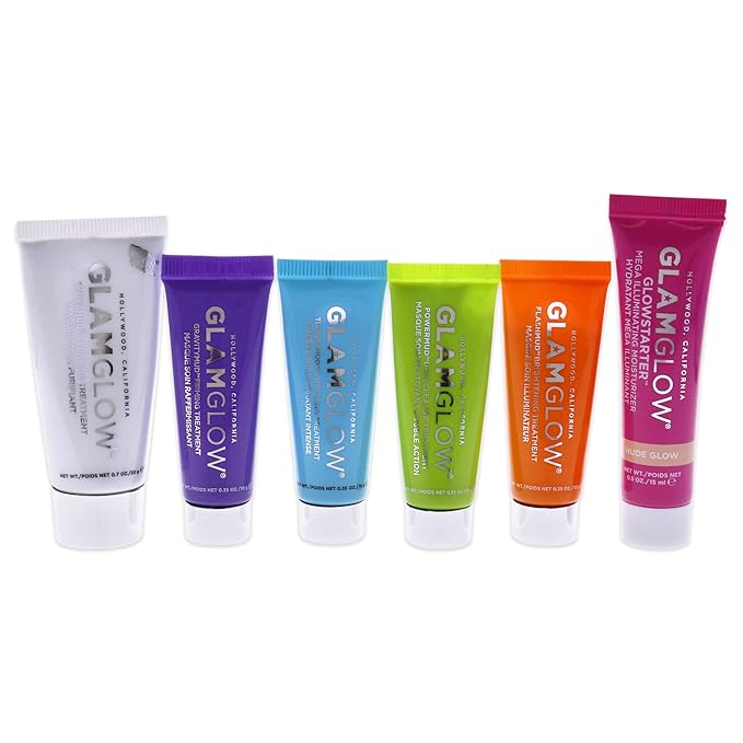 GLAMGLOW Glow Essentials Mask + Moisture Travel Set - SUPERMUD (0.7 oz), GLOWSTARTER NUDE (0.5 oz), GRAVITYMUD (0.35 oz), THRISTYMUD (0.35 oz), POWERMUD (0.35 oz) & FLASHMUD (0.35 oz)-BrightBean Baby