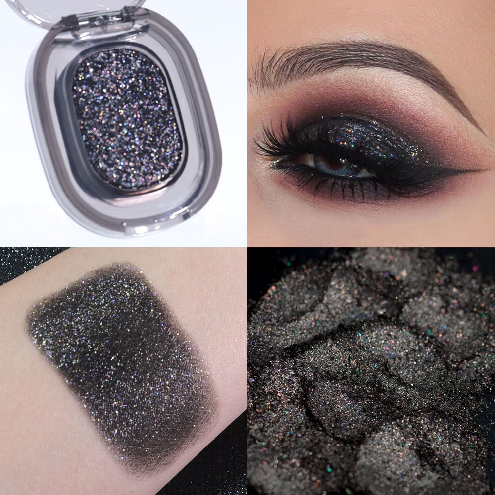 Black Glitter Eyeshadow Palette Makeup for Women, Glitter Shimmer Metallic Holographic Iridescent Single Monochrome Eyeshadow Halloween Birthday Party Wear Makeup, Sombras Crema Para Ojos-BrightBean Baby