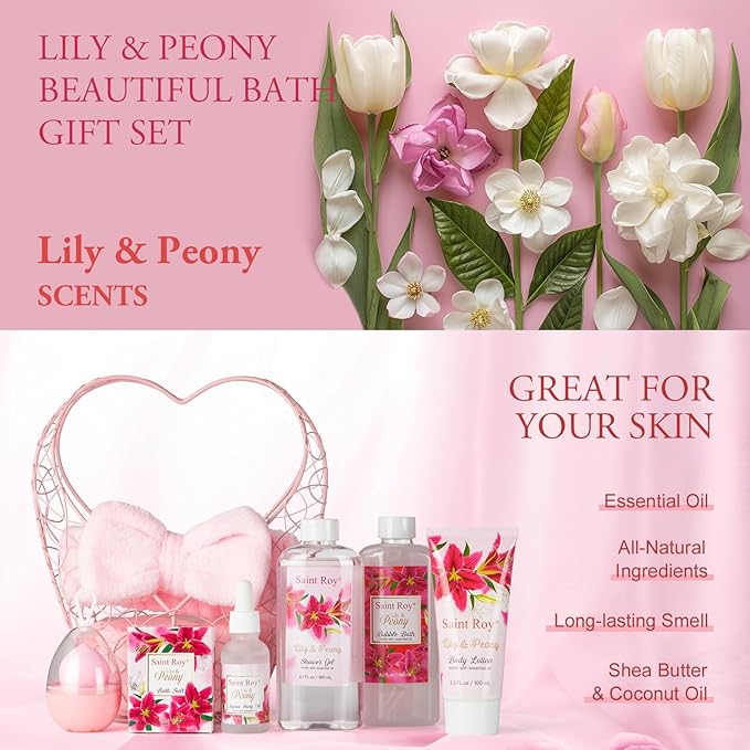 Gift Basket For Women, Mother's Day Gift for Mom Spa Set Lily & Peony Home Spa Set, Beauty Personal Care Set Jojoba Oil, Spa Self Care Kit, Bath Body For Thank You, Birthday, Mom, Anniversary Gift-BrightBean Baby