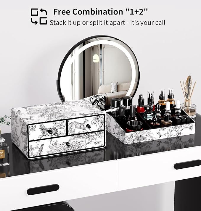 GORESE Leather Makeup Organizer with 3 Drawers for Vanity, Stackable Skincare Holder Dresser Organizer Countertop, Make Up Storage Organizers Counter Cosmetic Display Case Gift for Women(Retro Black)-BrightBean Baby