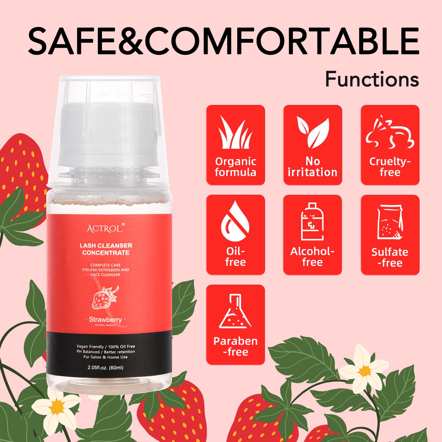 Eyelash Cleanser Concentrate 60ml Strawberry Professional Lash Shampoo Foaming Cleanser DIY Paraben & Sulfate Free Non-lrritating Wash for Extensions Lashes with Salon Home Care-Makes 6 Bottles-BrightBean Baby