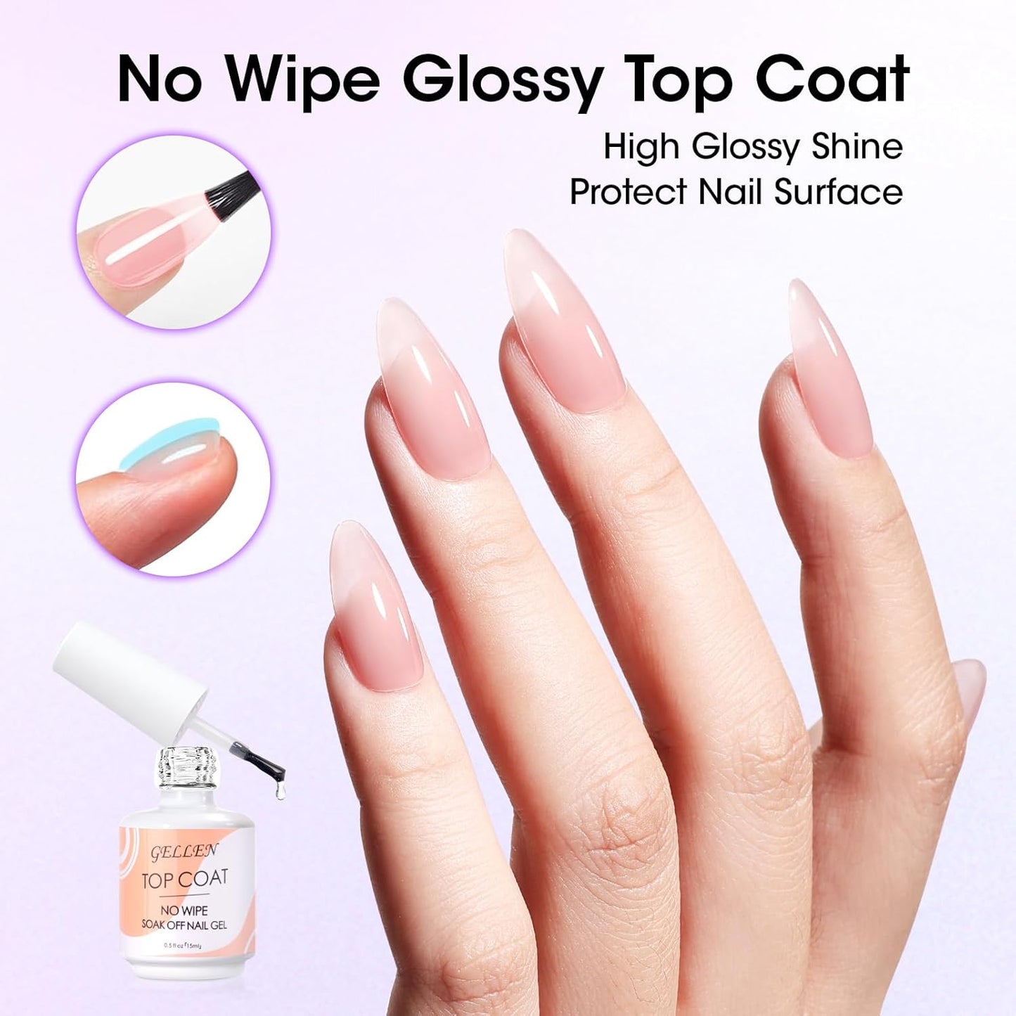 Gellen Nail Glue Gel & No Wipe Top Coat, 5 in 1 UV Nail Glue for Acrylic Nails, High Shiny Top Coat Gel, Curing Needed Extend Gel for False Tips & Clear Press on Nails, Home Salon DIY Manicure-BrightBean Baby