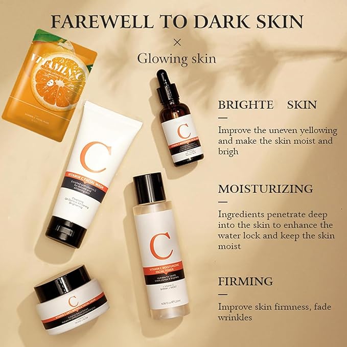 Vitamin C Skin Care Sets, 6Pcs Skin Care Products Set, Skin Care Gift Set for Women Girls, Hydrating Skincare Routine Set, Face Care Kit Includes Cleanser, Mask, Face Serum, Toner, Cream-BrightBean Baby