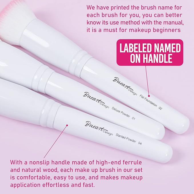 Bueart Design 16Pcs ULTRA SOFT labeled Makeup Brushes set with brush Holder face brush for Foundation Powder Blending Blush wooden Handle(16Pcs White+Pink Holder)-BrightBean Baby