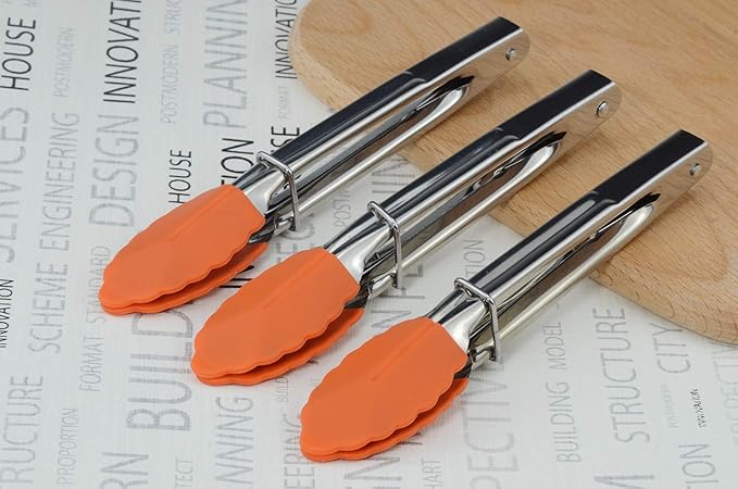 Appetizer Tongs 7-Inch Silicone Tipped Kitchen Tongs, Set of 3 (Orange)