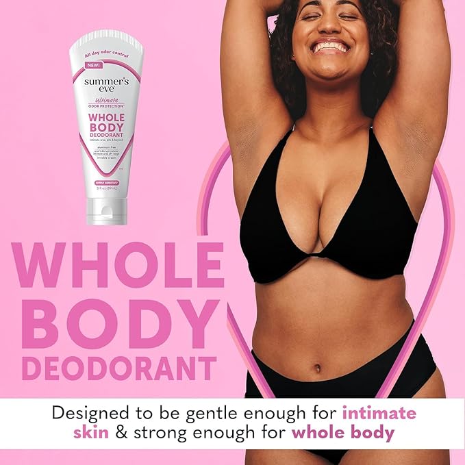 Summer's Eve, Whole Body Deodorant for Women, Ultimate Odor Control, Aluminum Free Deodorant, 3 Fl Oz + Simply Sensitive Daily Refreshing Feminine Wipes, Removes Odor, pH Balanced, 12 Count-BrightBean Baby