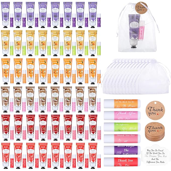 48 Set Thank You Gifts for Employee Hand Cream and Lip Balm Bulk Set with Organza Bag Thank You Card Hand Lotion Appreciation Gift Set for Women Men Coworkers Volunteer-BrightBean Baby