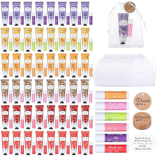 48 Set Thank You Gifts for Employee Hand Cream and Lip Balm Bulk Set with Organza Bag Thank You Card Hand Lotion Appreciation Gift Set for Women Men Coworkers Volunteer-BrightBean Baby