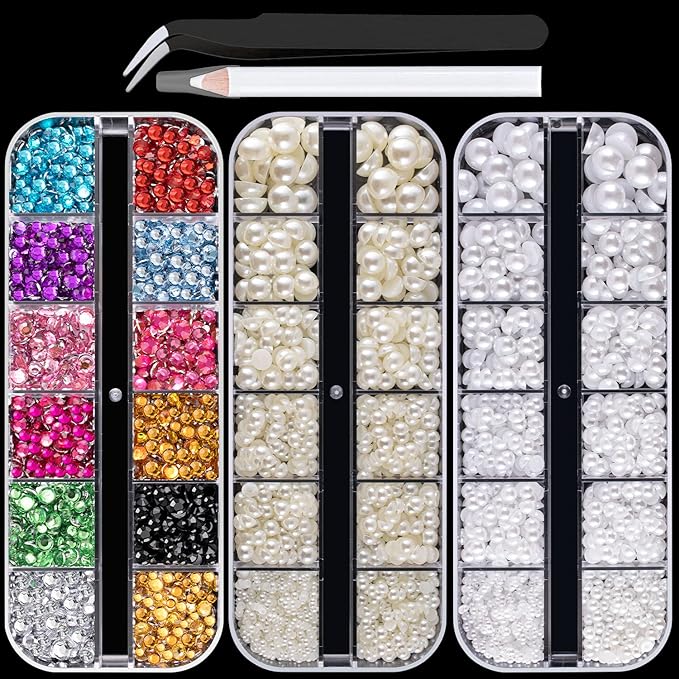 Flat Back Rhinestone+Half Round Pearl Kits Colorful Rhinestones+White+Beige Pearls With Picker Pencil And Tweezer For Home DIY And Professional Use-BrightBean Baby