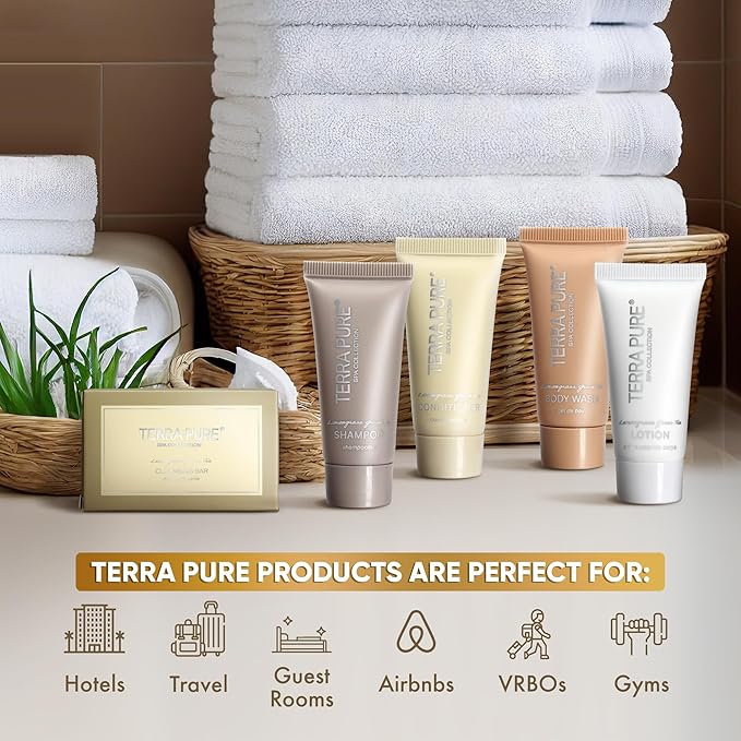 Terra Pure Spa Collection Bulk Set Toiletries | 1-Shoppe All-In-Kit Amenities for Hotels & Airbnb | 0.85 oz Hotel Shampoo & Conditioner, Body Wash, Lotion & Cleansing Bar Travel Size Tubes| 300 Pieces-BrightBean Baby
