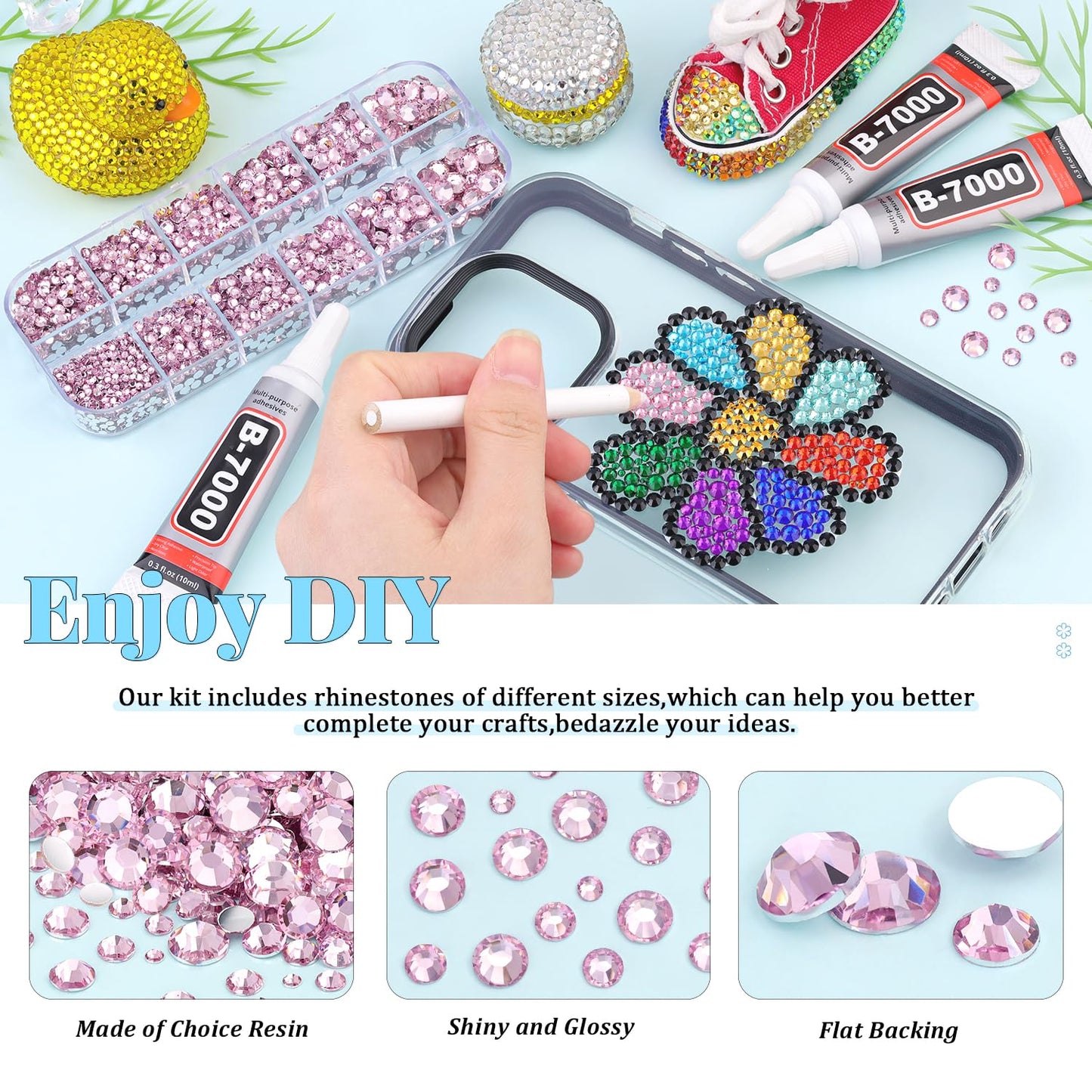 6000Pcs Resin Rhinestones for Bedazzling with 3Pcs B7000 Jewelry Glue, 1 Box Light Pink Flatback Rhinestones for Crafting Crafts DIY, Crystals Gems for Clothing Shoes Tumblers Nail Art Makeup-BrightBean Baby
