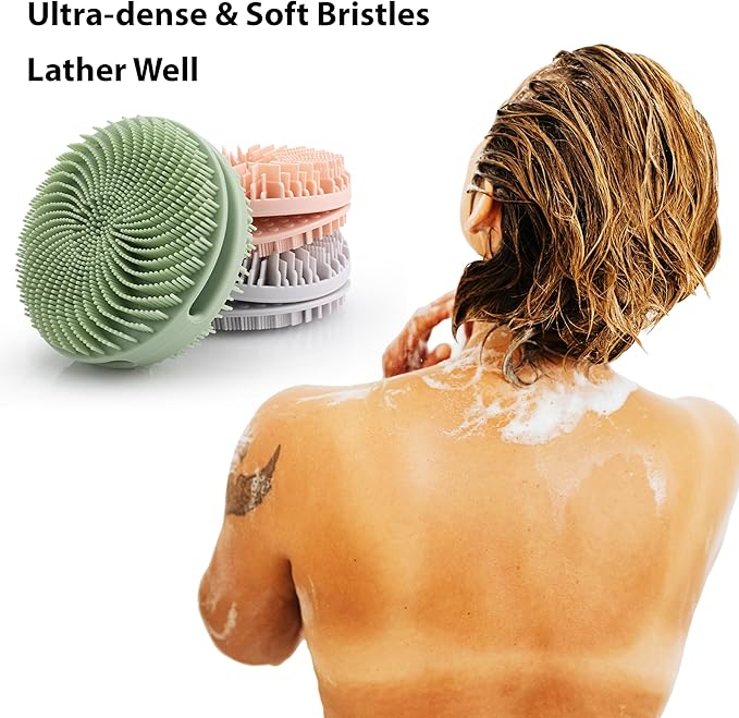 2 PC Silicone Exfoliating Body Scrubber, Silicone Body Shampoo Brush, Soft Silicone Loofah for Sensitive Skin, Shower Silicone Hair Scalp Massager, Easy to Clean, Lather Well(Gray&Green)-BrightBean Baby