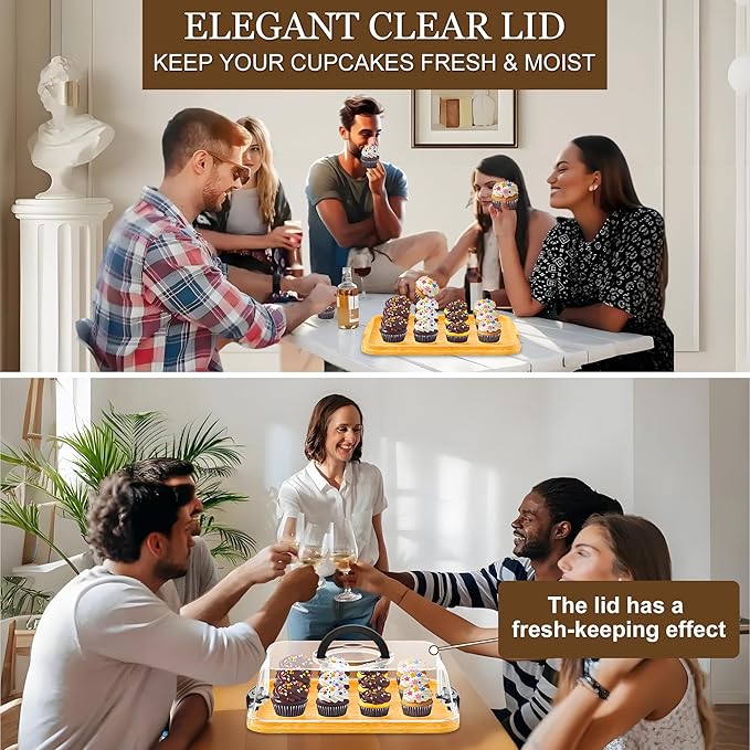 MinBoo Reusable Bamboo Cupcake Storage for Birthday Holiday Party Bakery Supplies Containers Portable 12 Standard-Size Cupcakes with Heightened Transparent Lid & Carry Handle