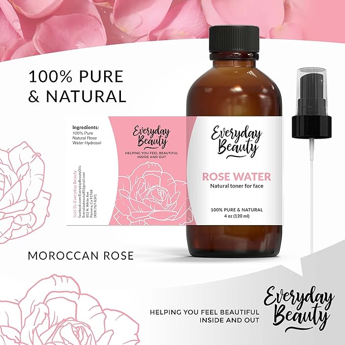 Rose Water Facial Toner - Alcohol-Free Vegan All Natural Refreshing Spray Mist for Face and Hair - Uplifts, Calming & Soothing for All Skin Types 4oz with Fine Mist Cap-BrightBean Baby