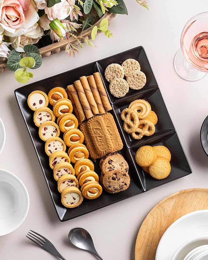 LAUCHUH Divided Serving Platters, 11 x 11 inch Porcelain Chip & Dip Serving Set Dinner Serving Tray 4 -Compartment Serving Dishes for Thanksgiving, Candy, Nuts,Veggies, Snacks and Sauce, Black