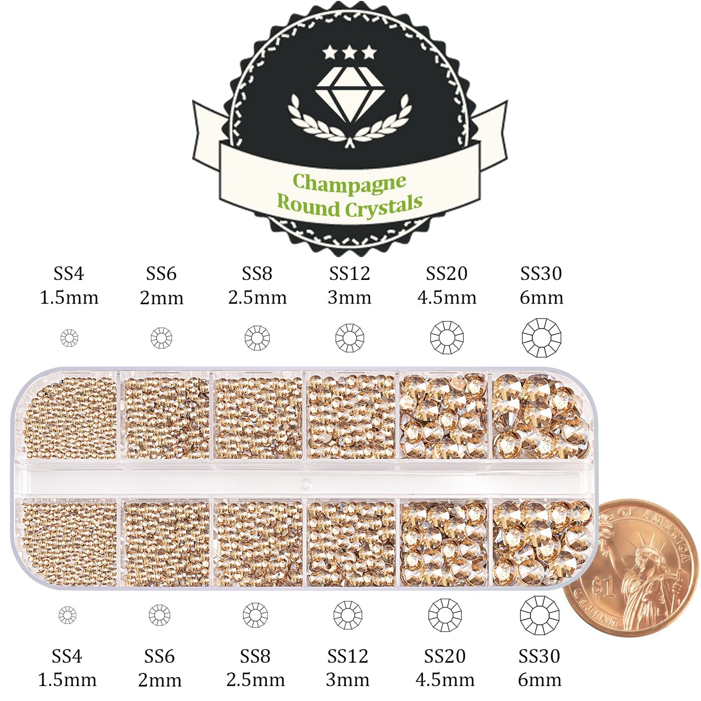 One Pack 2000 Pcs of Flatback Round Champagne Rhinestones 6 Sizes (1.5-6 mm) with Nail Art Rhinestone Picker Pencil and Tweezer for DIY and Salon Use-BrightBean Baby