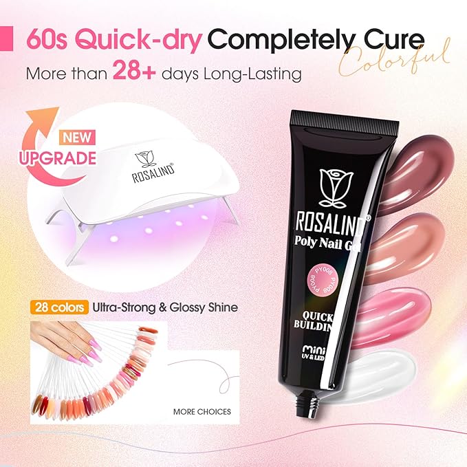 ROSALIND Poly Nail Gel Kit for Beginners - 28 Colors Extension Gel Set with UV/LED Nail Lamp, 72 Accessories (Base/Top Coat, Nail Forms, Tools), Long Lasting Salon Kit for DIY Manicure-BrightBean Baby