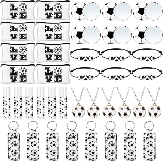 72 Pcs Sports Team Gifts Include 12 Makeup Bags 12 Lip Balm 12 Lip Balm Holder 12 Necklace 12 Adjustable Bracelet 12 Mirrors for Sports Lovers Players Party Favors (Black, Soccer)-BrightBean Baby