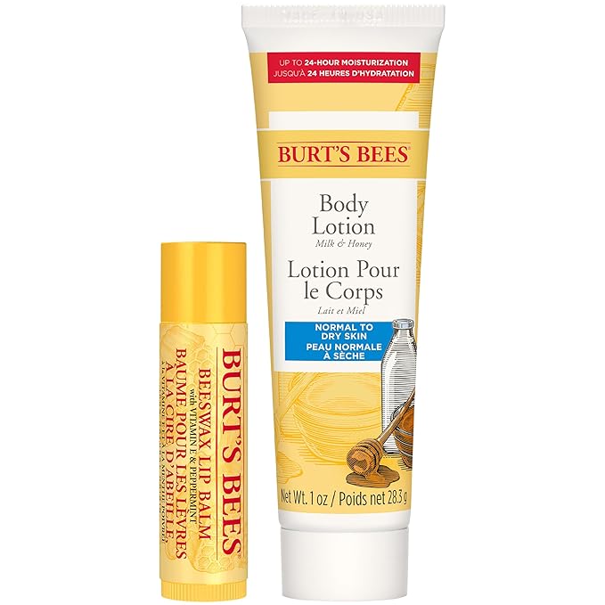 Burt's Bees Hive Favorites Beeswax Holiday Gift Set, Beeswax Lip Balm and Travel Size Body Lotion with Milk and Honey-BrightBean Baby