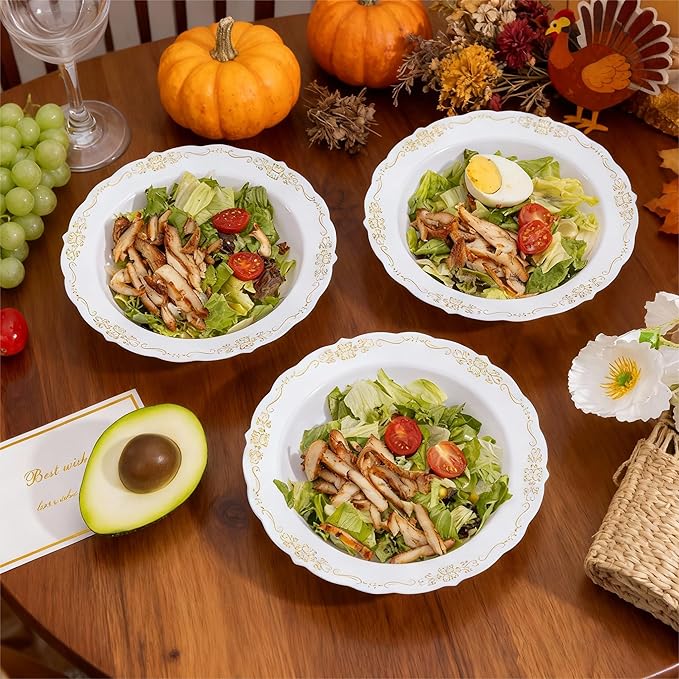 DaYammi 100 Pack Plastic Bowls with Gold Rim, 12oz Disposable Soup Bowls, Plastic bowls Disposable Heavy Duty Dinner bowls for Weddings, Parties, Catering and Everyday Use