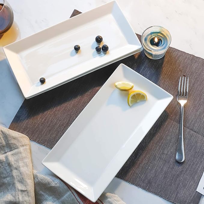 Sweese Porcelain Serving Tray, 12 Inch Rectangle Plates for Sushi, Meat, Desserts, Cakes, White Serving Platter for Restaurant, Banquet, Party, Microwave Oven Dishwasher Safe, Stackable, Set of 4