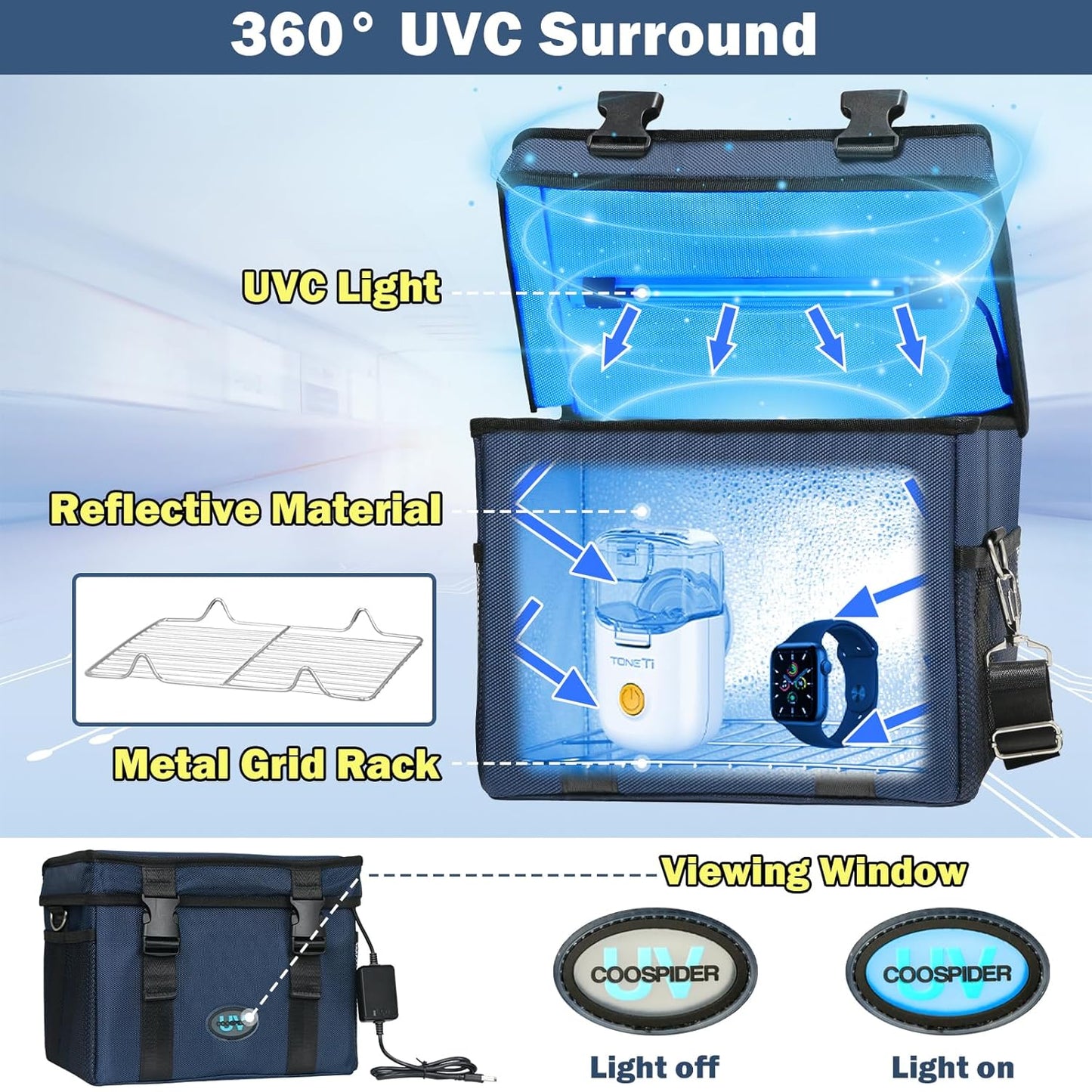 UVC Sanitizer Box Ozone Free with Timer, Portable Large Cleaner Bag with USB Port, UV Light Blue Tote for Mask, Cell Phone, Baby Bottle, Key, Towel 12L/3.17 gal-BrightBean Baby