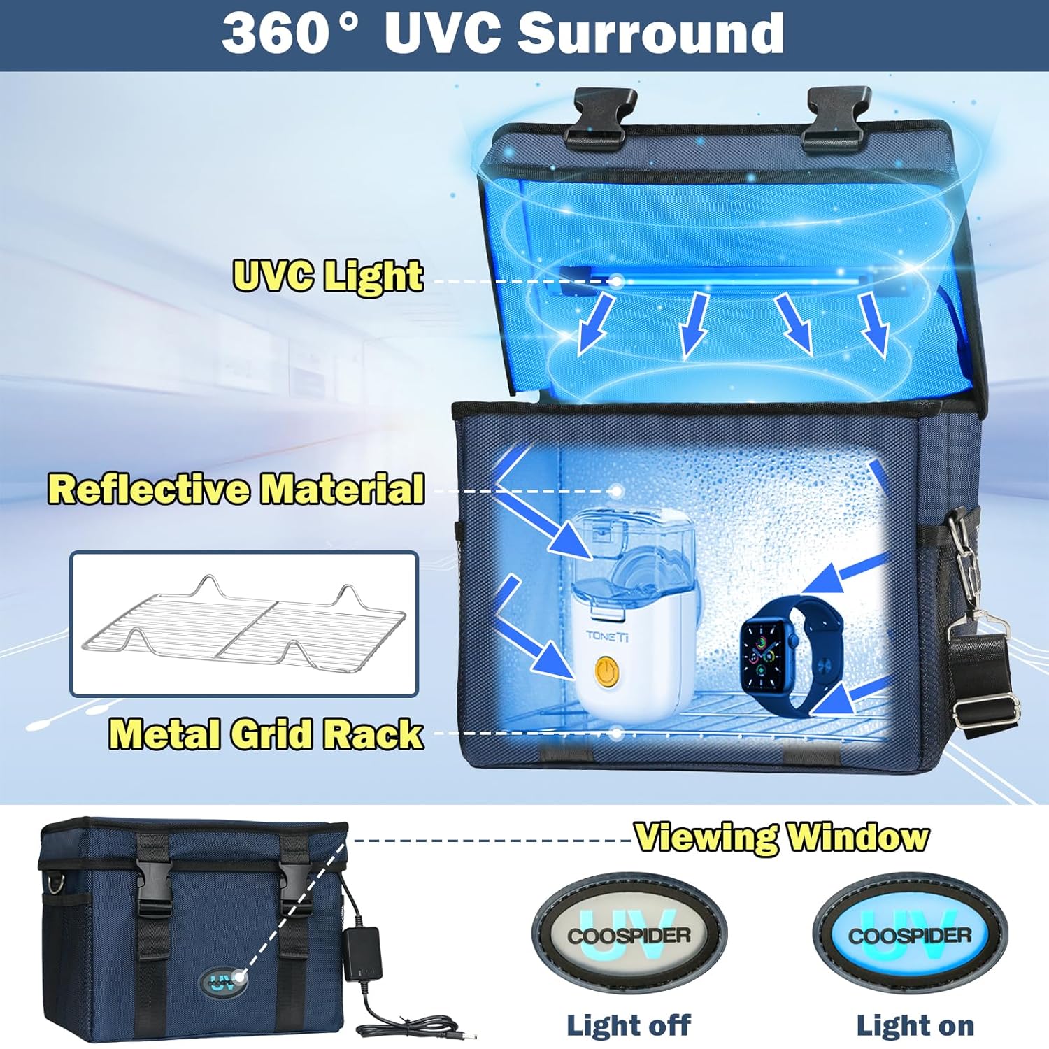 UVC Sanitizer Box Ozone Free with Timer, Portable Large Cleaner Bag with USB Port, UV Light Blue Tote for Mask, Cell Phone, Baby Bottle, Key, Towel 12L/3.17 gal-BrightBean Baby