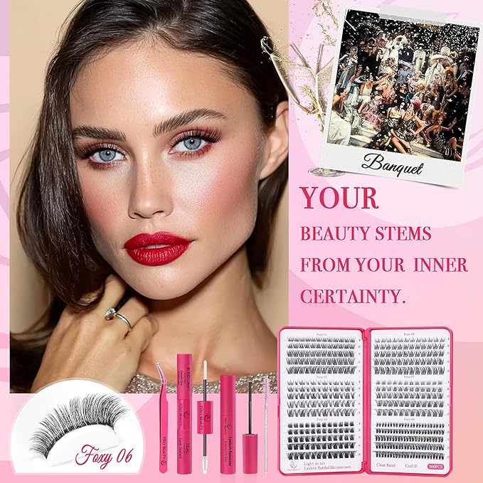 Nova Lash Clusters Kit - 360 pcs Lash Clusters Natural Look Invisible Band Eyelash Clusters Lash Extension Kit with Bond and Seal 0.07D D Curl WideSpan Cluster Eyelash Extension Kit 8-16mm DIY at Home-BrightBean Baby