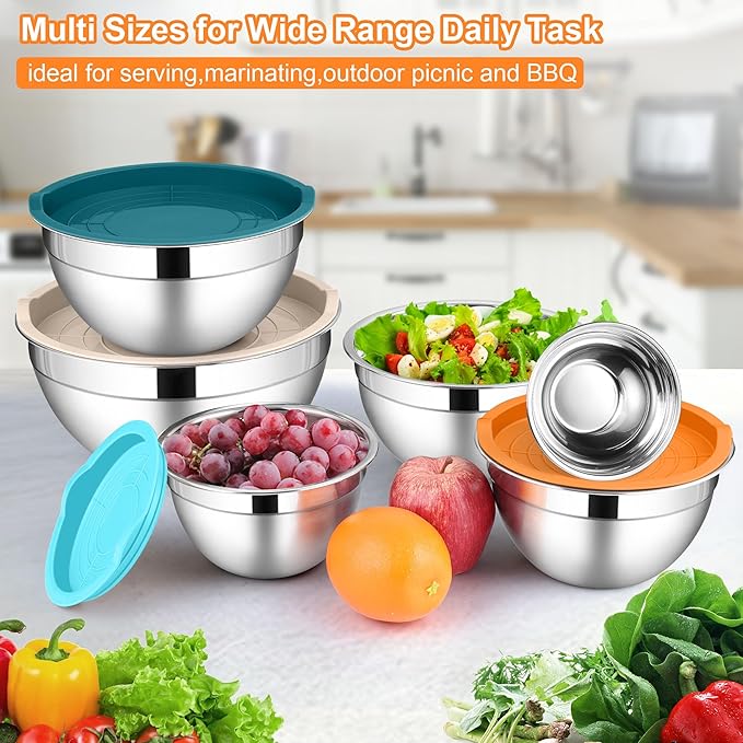 LIANYU Stainless Steel Mixing Bowl Set of 6, Metal Nesting Salad Bowl, Extra Large 7 & 3.5 & 2.5 & 2 & 1.5 & 1QT, Kitchen Bowls for Cooking, Storage, Serving, Dishwasher & Freezer Safe, Multi-Color