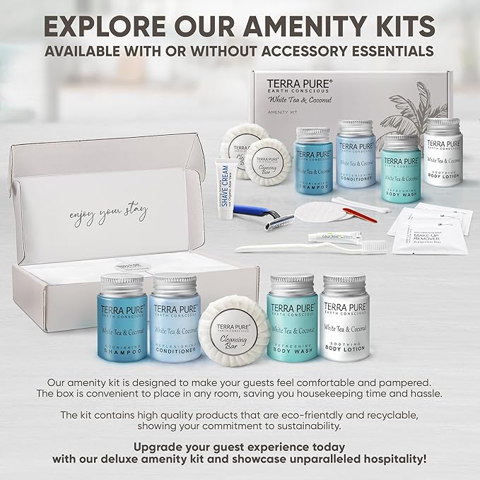 Terra Pure White Tea & Coconut Amenity & Accessory Kit |1oz Travel Size Shampoo, Conditioner, Lotion, Body Wash, 2 Cleansing Bars, Shave & Dental Sets, Make-Up Remover Wipes, & Vanity Kit | 15 Boxes-BrightBean Baby