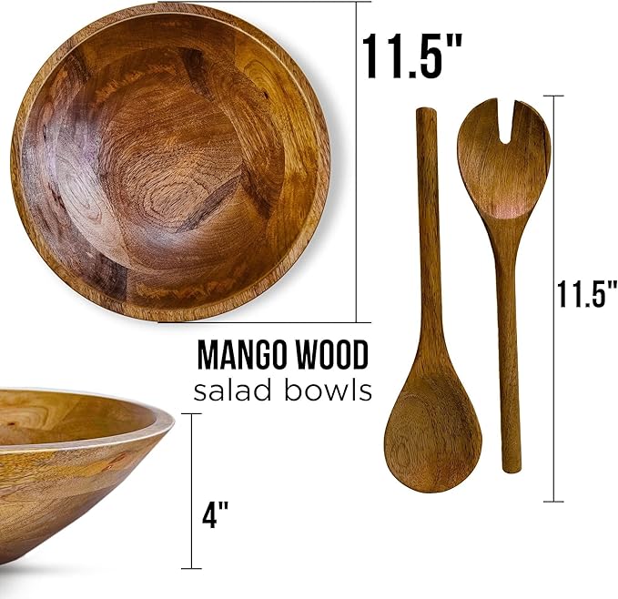 Large Wooden Salad Bowl Set - 1/2" Thick Mango Wood Serving Bowl with Utensils, Rustic Wooden Mixing Bowls, Decorative Kitchen Dinnerware for Popcorn, Pasta, & Chips, Dishes - 12 Inch