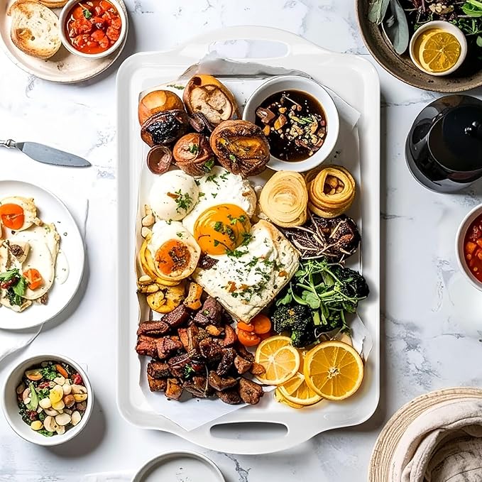 Extra Large White Serving Tray with Handles, 19''x11.6'' Melamine Platters, Rectangular Trays for Serving Food, Turkey, Cookie, Cupcakes, Desserts, Dishwasher Safe, BPA-Free, Set of 2