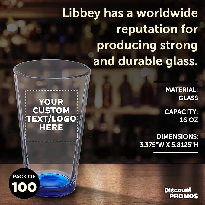 Custom Libbey Pint Glass 16 oz. Set of 100, Personalized Bulk Pack - Beer Glasses, Heavy Duty Drinkware - Blue