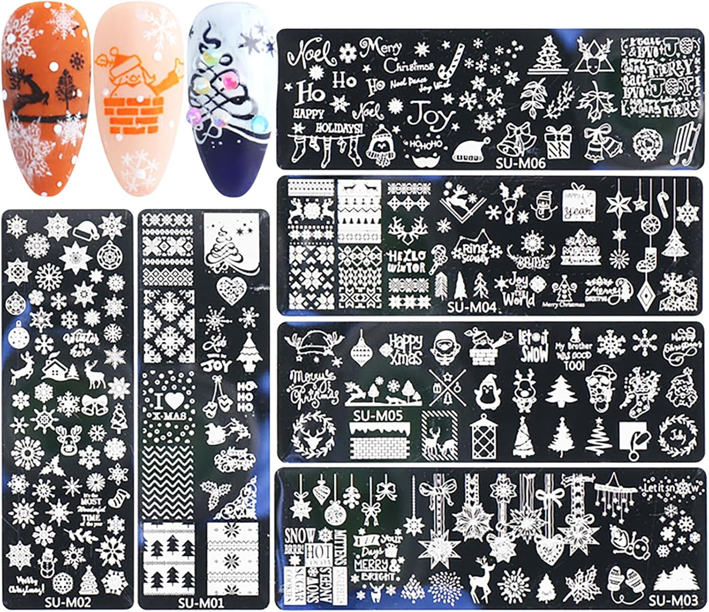 Christmas Nail Art Stamping Plate Kit,Snowflake Snowman Christmas Tree Elk Designs Nail Image Stamp Template Xmas DIY Stainless Steel Nail Image Polish Template Kit 6Pcs-BrightBean Baby