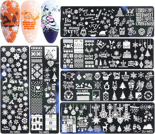Christmas Nail Art Stamping Plate Kit,Snowflake Snowman Christmas Tree Elk Designs Nail Image Stamp Template Xmas DIY Stainless Steel Nail Image Polish Template Kit 6Pcs-BrightBean Baby