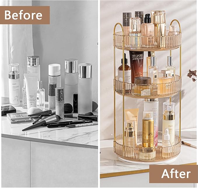 Rotating Makeup Organizer for Vanity, High-Capacity Skincare Clear Make Up Storage Perfume Organizers Cosmetic Dresser Organizer Countertop 360 Spinning (Gold, 3 Tier)-BrightBean Baby