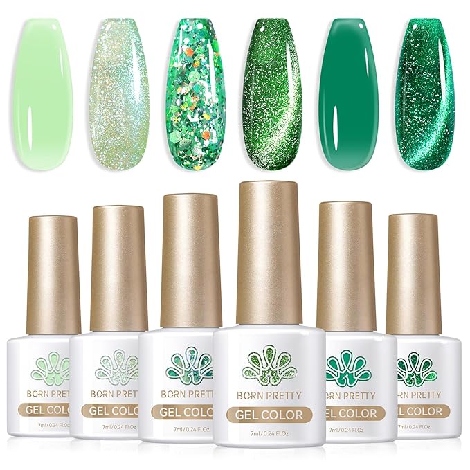 Born Pretty Gel Nail Polish Green Series,Jelly Transparent Gel Nail Polish, Cat Magnetic Eye,Shimmer Glitter Holographic Green Gel Polish Kit for Salon Manicure and Nail Art DIY at Home 6PCS 7ml-BrightBean Baby