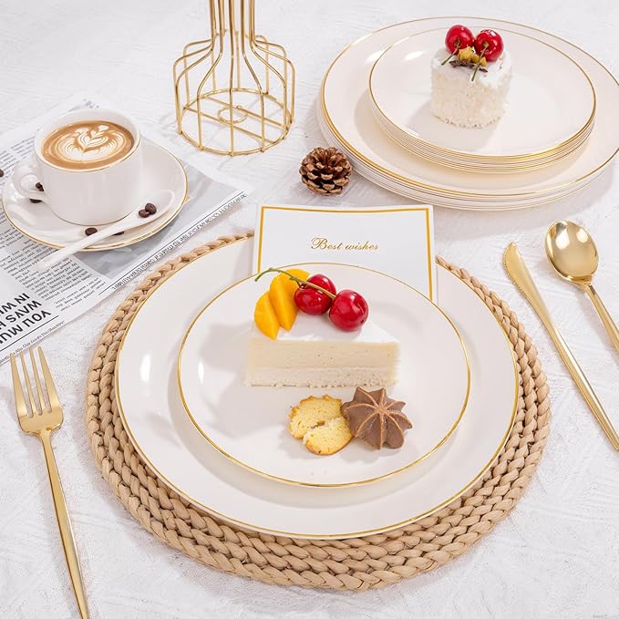 bUCLA 100PCS Ivory Plastic Plates with Gold Rim - Heavy Duty Cream Disposable Include 50 Dinner 10 inch & 50 Dessert 7 inch, for Party & Thanksgiving