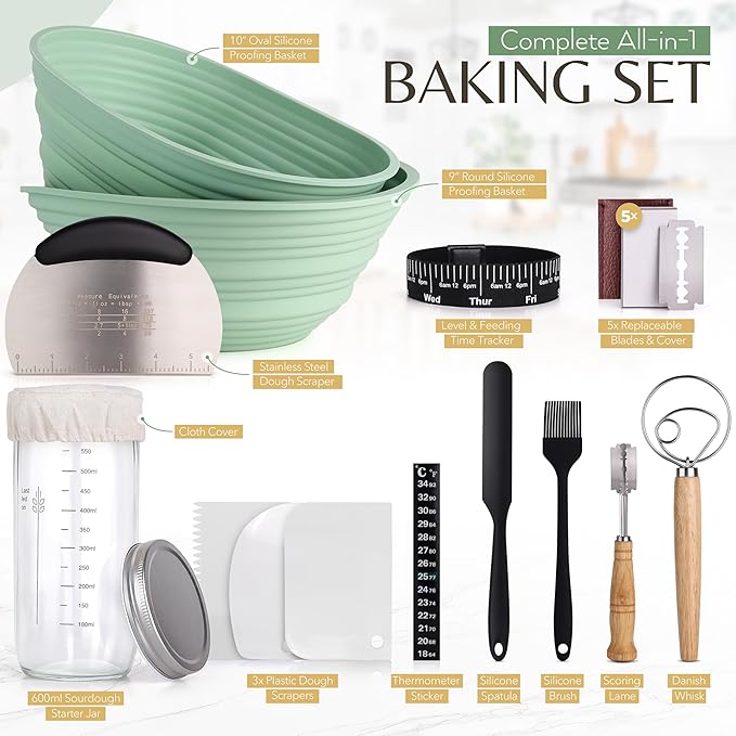 Wildsky Co Sourdough Bread Baking Supplies, Sourdough Starter Kit, Bread Proofing Basket, Bread Making Tools, Sour Dough Kit, Sourdough Proofing Basket, Sourdough Kit Gifts for Bakers Women Wife Mom