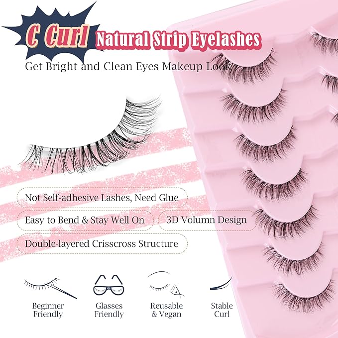 Natural Lashes False 11mm Short Eyelashes Wispy C Curl Eye Lashes Pack with Thin Cotton Band Fake Eyelash 3D Volume For Daily Siligli Lash 7 Pair-BrightBean Baby