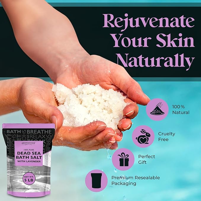 Aromasong Pure Dead Sea Salt for Soaking with 100% Natural Lavender, 5 LB - Spa Bath Salt Fine Grain - Body Wash Scrub - Soak for Women & Men- Bulk Resealable Pack (Packaging May Vary)-BrightBean Baby