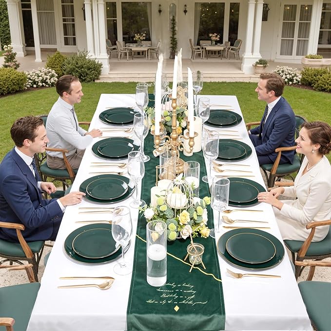 bUCLA 100PCS Green Plastic Plates - Heavy Duty Green Disposable with Gold Rim Include 50 Dinner 10 inch & 50 Dessert 7 inch Plates, Ideal for Party & Christmas