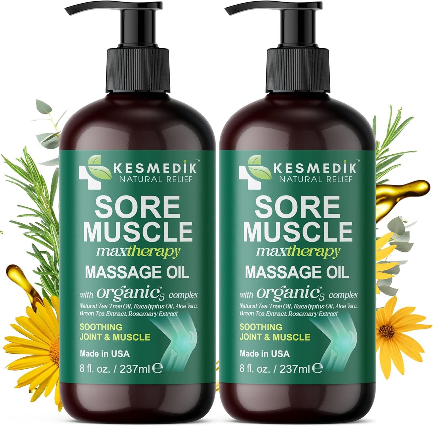 Sore Muscle Massage Oil for Massage Therapy with Arnica, Eucalyptus & Tea Tree Oil Blend for Deep Muscle Relief, Recovery, Softens Skin & Anti-Cellulite Massage for Professional & Home Use, 2-Pack-BrightBean Baby