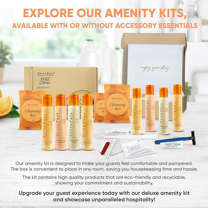 Terra Pure Amenity & Accessory Kit |1 oz Travel Size Shampoo, Conditioner, Lotion, Body Wash, 2 Cleansing Bars, Shave & Dental Sets, Make-Up Remover Wipes, & Vanity Kit | 15 sets per case-BrightBean Baby