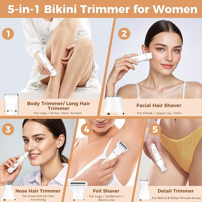 Bikini Trimmer for Women, 5-in-1 Waterproof Electric Razors for Women, Rechargeable Pubic Hair Trimmer, Electric Shaver with Travel Pouch, Body Shaver for Private Area Underarm Leg Face Nose, White-BrightBean Baby